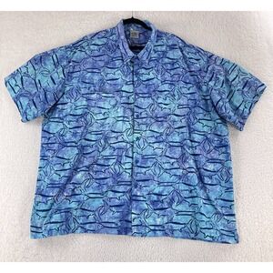 Rum Reggae Button-Up‎ Shirt Mens Size 4X Blue Fish Print Casual Hawaiian Cotton
